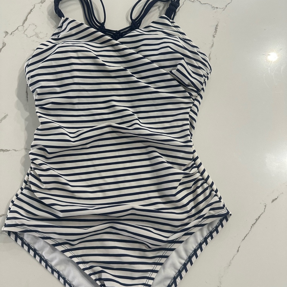 Kona Sol Bathing suit one‎ piece stripes navy blue and white EUC like new